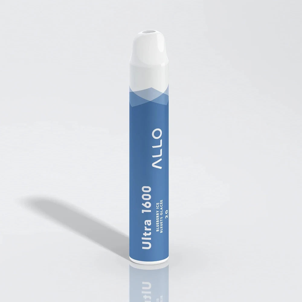 An Allo Ultra 1600 Blueberry Ice disposable vape featuring a blue cylindrical body with a white mouthpiece and text reading Ultra 1600, Blueberry Ice, and Allo.