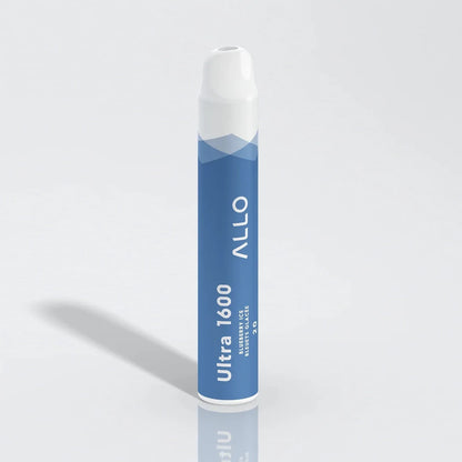 An Allo Ultra 1600 Blueberry Ice disposable vape featuring a blue cylindrical body with a white mouthpiece and text reading Ultra 1600, Blueberry Ice, and Allo.