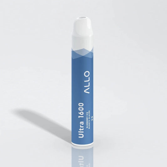 An Allo Ultra 1600 Blueberry Ice disposable vape featuring a blue cylindrical body with a white mouthpiece and text reading Ultra 1600, Blueberry Ice, and Allo.