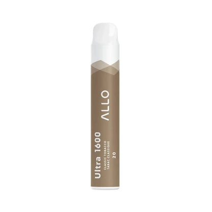An Allo Ultra 1600 Classic Tobacco disposable vape featuring a brown cylindrical body with white text and a white mouthpiece against a plain white background.