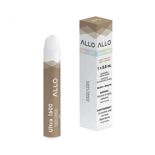 An ALLO Ultra 1600 disposable vape pen in a tan and white color scheme stands next to its matching rectangular cardboard packaging, which features the product name, a 6.8 mL capacity label, and a nicotine health warning in both English and French.