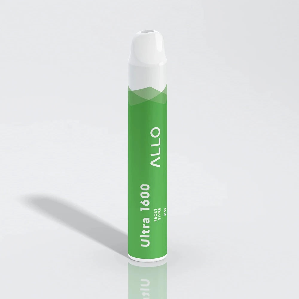 Allo Ultra 1600 Frost disposable vape featuring a green cylindrical body with a white mouthpiece and text reading Allo Ultra 1600 Frost Givré 20.