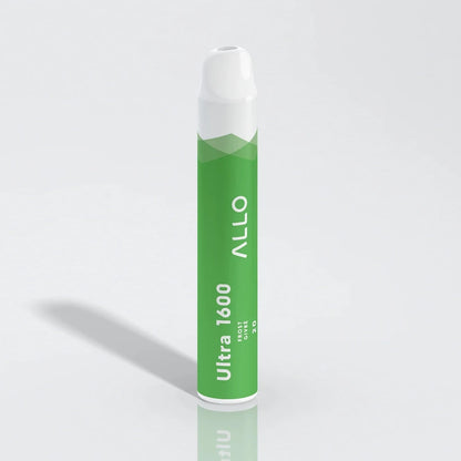 Allo Ultra 1600 Frost disposable vape featuring a green cylindrical body with a white mouthpiece and text reading Allo Ultra 1600 Frost Givré 20.