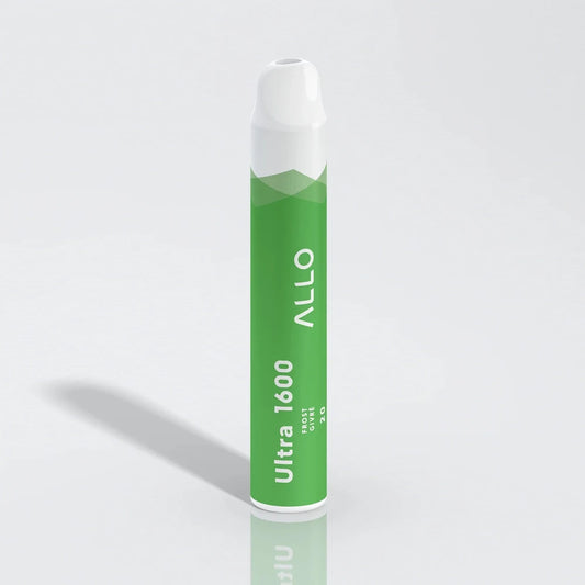 Allo Ultra 1600 Frost disposable vape featuring a green cylindrical body with a white mouthpiece and text reading Allo Ultra 1600 Frost Givré 20.