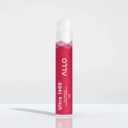 An Allo Ultra 1600 Fuji Apple Ice disposable vape featuring a red cylindrical body with a white mouthpiece, labeled with Allo Ultra 1600 and Fuji Apple Ice text.