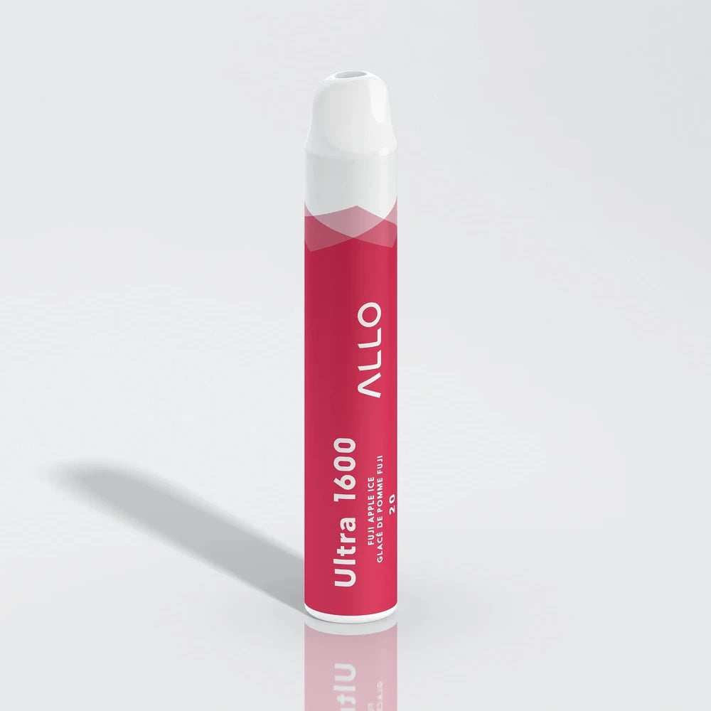 Allo Ultra 1600 Fuji Apple Ice disposable vape featuring a red cylindrical body with a white mouthpiece and text reading Ultra 1600 and Fuji Apple Ice.