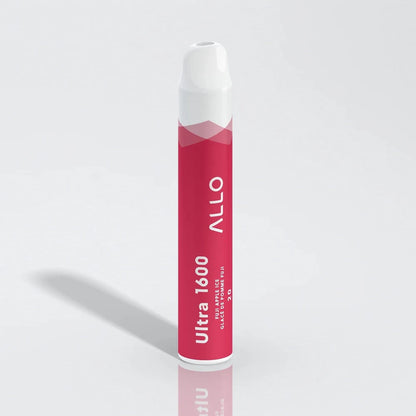 Allo Ultra 1600 Fuji Apple Ice disposable vape featuring a red cylindrical body with a white mouthpiece and text reading Ultra 1600 and Fuji Apple Ice.