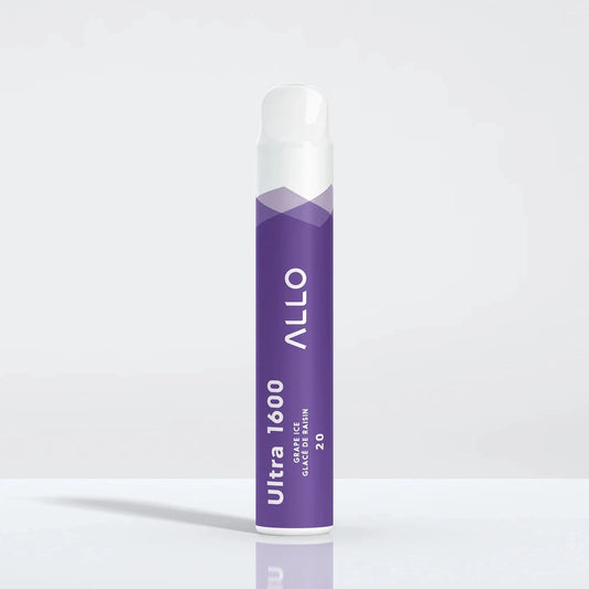 An Allo Ultra 1600 Grape Ice disposable vape featuring a purple cylindrical body with white text and a white mouthpiece, standing upright against a plain light grey background.
