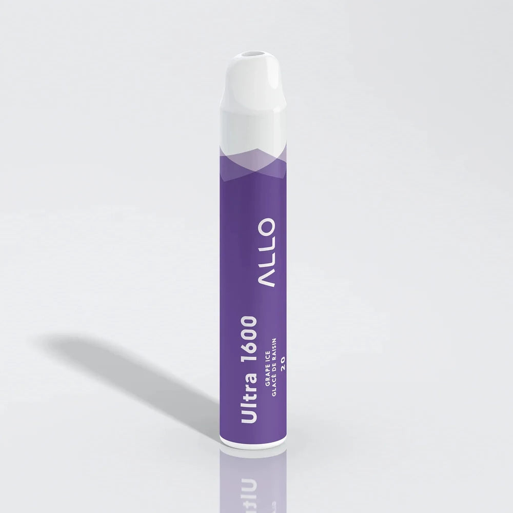 Allo Ultra 1600 Grape Ice disposable vape featuring a purple cylindrical body with a white mouthpiece and text reading Allo Ultra 1600 Grape Ice 20.