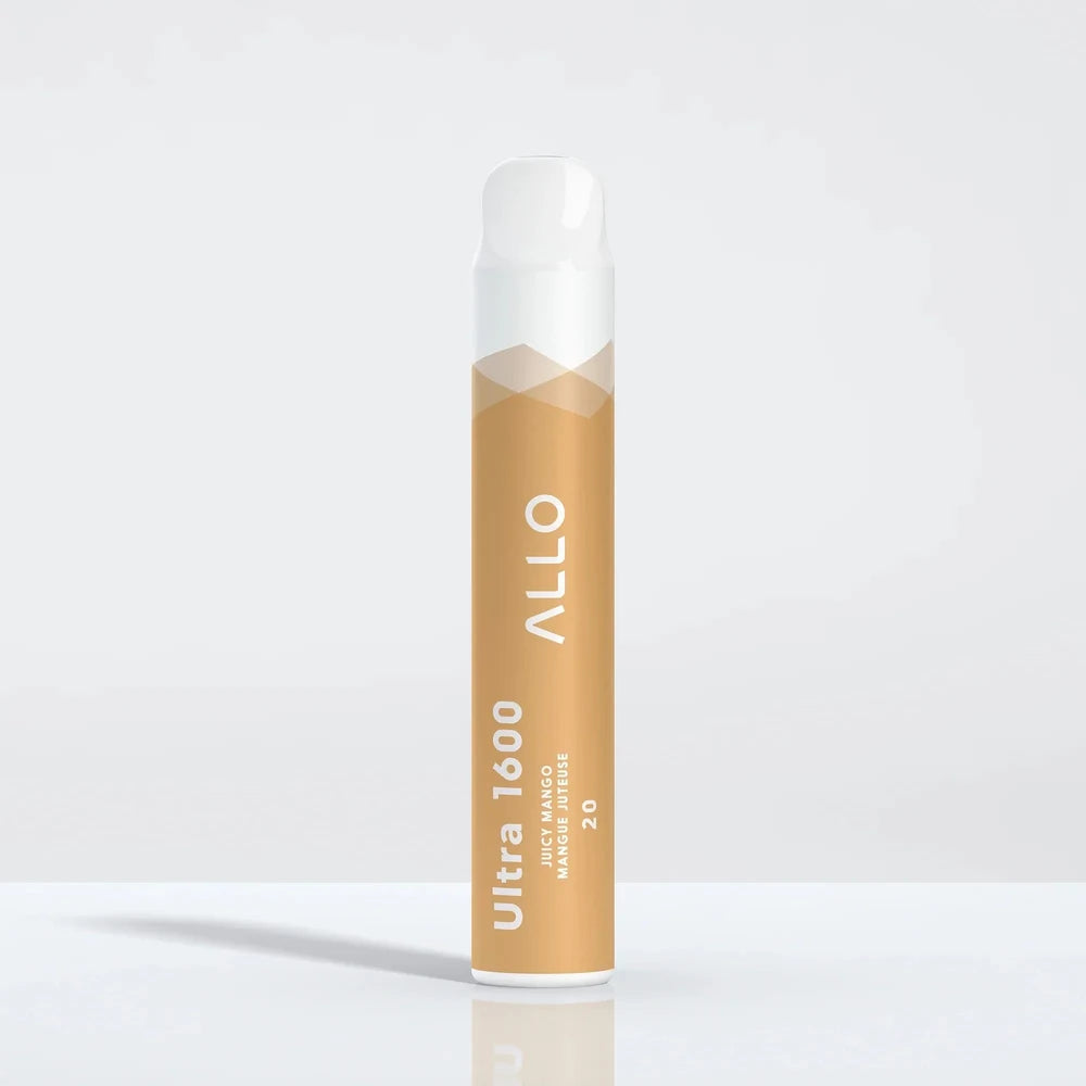 An Allo Ultra 1600 Juicy Mango disposable vape featuring a cylindrical orange body with white text and a white mouthpiece, standing upright against a plain light gray background.