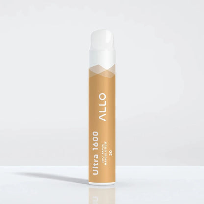 An Allo Ultra 1600 Juicy Mango disposable vape featuring a cylindrical orange body with white text and a white mouthpiece, standing upright against a plain light gray background.