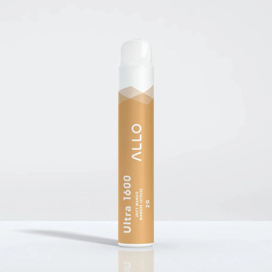 An Allo Ultra 1600 Juicy Mango disposable vape featuring a cylindrical orange body with white text and a white mouthpiece, standing upright against a plain light gray background.