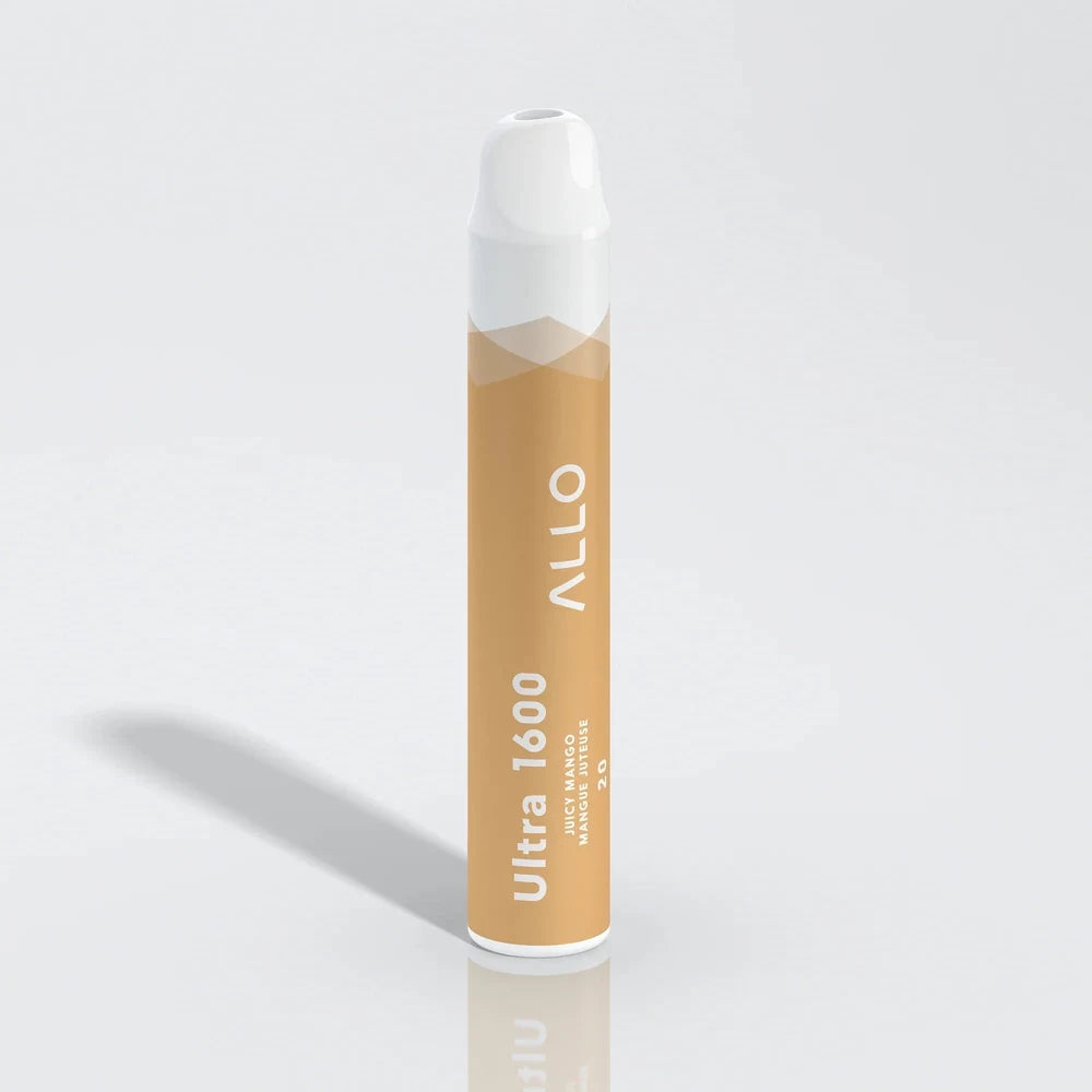 Allo Ultra 1600 Juicy Mango disposable vape pen featuring a yellow-orange body with white text and a white mouthpiece on a neutral grey background.