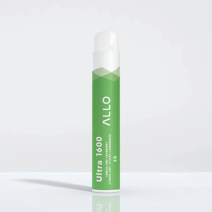 Allo Ultra 1600 Lemon Lime Cranberry disposable vape featuring a green cylindrical body with white text and a white mouthpiece against a plain light background.