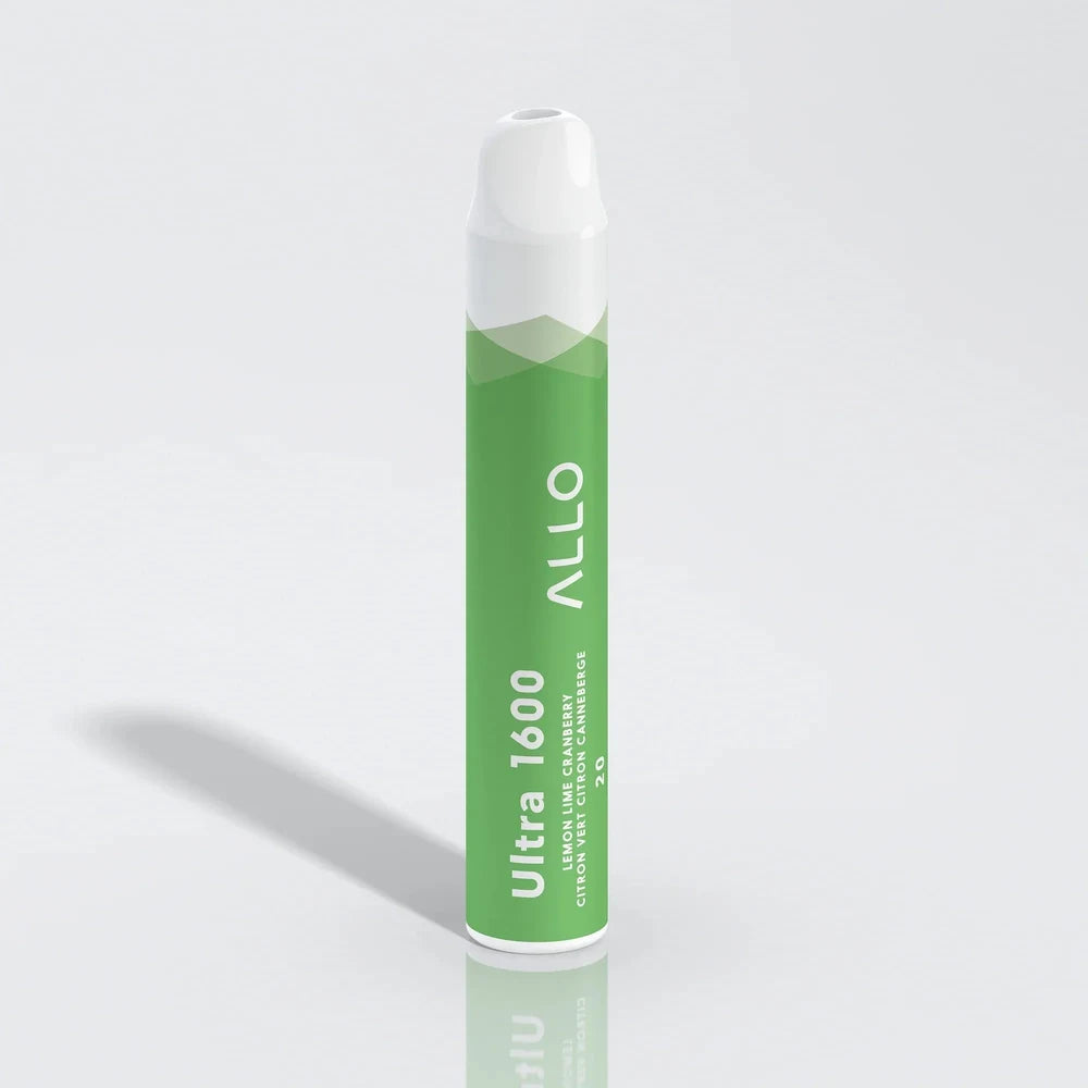 A green and white Allo Ultra 1600 Lemon Lime Cranberry disposable vape pen stands upright against a plain white background, featuring printed text including Allo, Ultra 1600, and the flavor name.