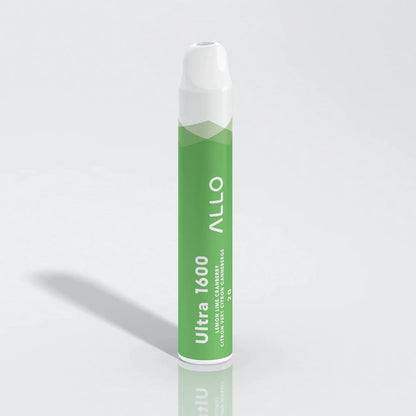 A green and white Allo Ultra 1600 Lemon Lime Cranberry disposable vape pen stands upright against a plain white background, featuring printed text including Allo, Ultra 1600, and the flavor name.