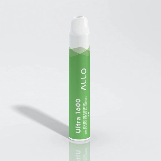 A green and white Allo Ultra 1600 Lemon Lime Cranberry disposable vape pen stands upright against a plain white background, featuring printed text including Allo, Ultra 1600, and the flavor name.