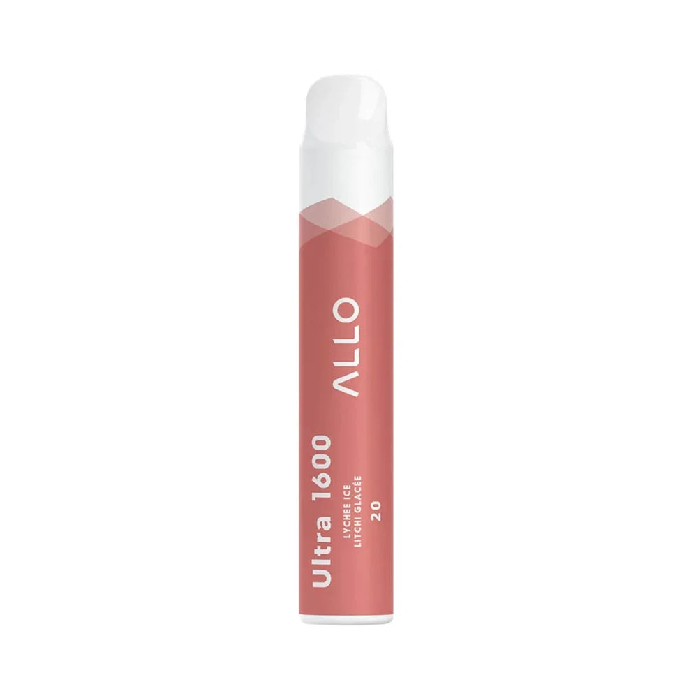 An ALLO Ultra 1600 disposable vape pen in a dusty rose color with a white mouthpiece, featuring the brand name and Lychee Ice flavor text printed on the side against a plain white background.