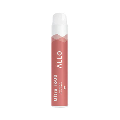 An ALLO Ultra 1600 disposable vape pen in a dusty rose color with a white mouthpiece, featuring the brand name and Lychee Ice flavor text printed on the side against a plain white background.