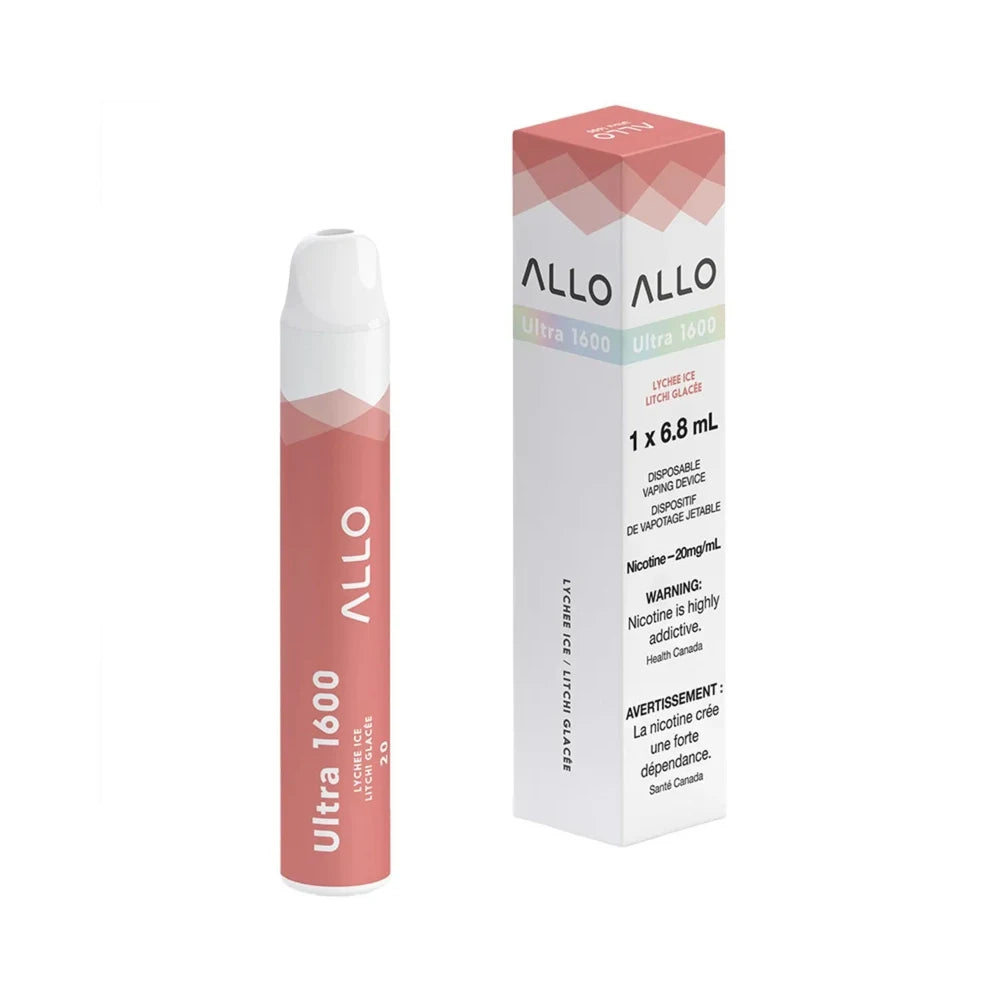 An ALLO Ultra 1600 Lychee Ice disposable vape pen stands next to its matching pink and white product box, both featuring the Allo logo and 20mg/mL nicotine strength labeling against a plain white background.