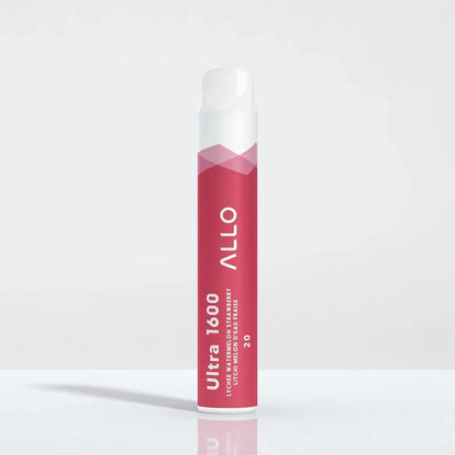 An Allo Ultra 1600 Lychee Watermelon Strawberry disposable vape featuring a pink and white cylindrical body with vertical text on a clean white background.