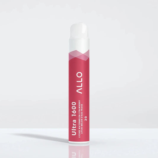 An Allo Ultra 1600 Lychee Watermelon Strawberry disposable vape featuring a pink and white cylindrical body with vertical text on a clean white background.
