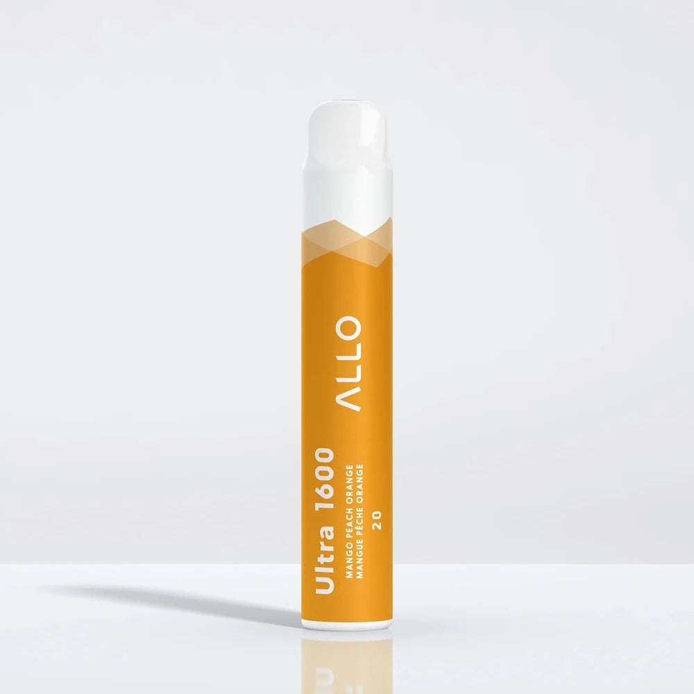 An Allo Ultra 1600 Mango Peach Orange disposable vape featuring an orange body with white text and a white mouthpiece, standing upright against a plain light grey background.