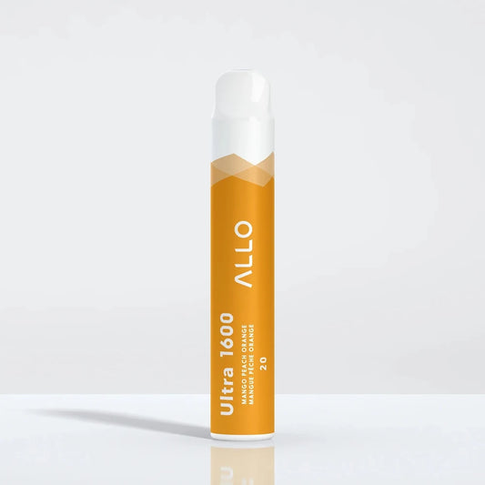 An Allo Ultra 1600 Mango Peach Orange disposable vape featuring an orange body with white text and a white mouthpiece, standing upright against a plain light grey background.