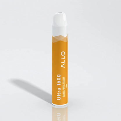 An Allo Ultra 1600 Mango Peach Orange disposable vape with an orange body and white mouthpiece, featuring printed text for the brand name and flavor on a plain white background.