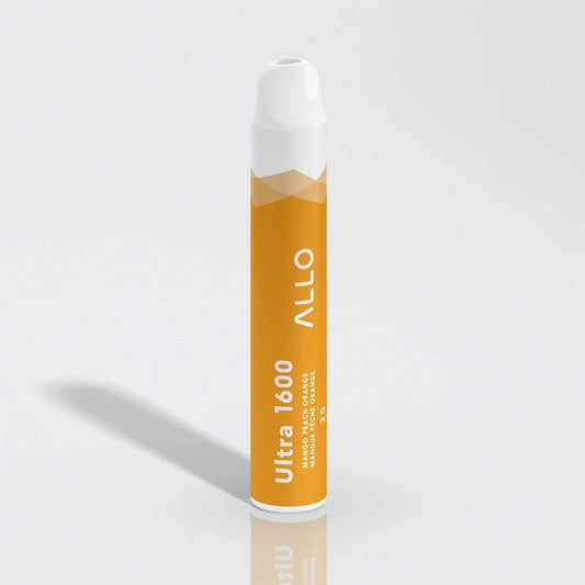 An Allo Ultra 1600 Mango Peach Orange disposable vape with an orange body and white mouthpiece, featuring printed text for the brand name and flavor on a plain white background.