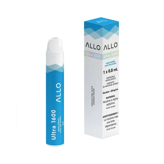 An ALLO Ultra 1600 disposable vape pen in blue and white stands next to its matching vertical product box, both labeled with the Mixed Berries flavor and a 20mg/mL nicotine warning.