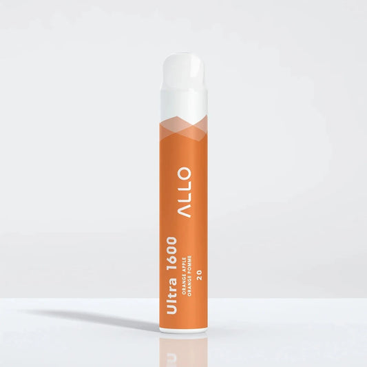 An Allo Ultra 1600 Orange Apple disposable vape featuring a cylindrical orange body with white text and a white mouthpiece, standing upright against a plain light grey background.