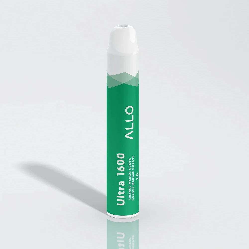 Allo Ultra 1600 Orange Mango Guava disposable vape featuring a green cylindrical body with a white mouthpiece and text reading Ultra 1600 and Allo.