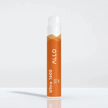 An ALLO Ultra 1600 Peach disposable vape featuring an orange body with white text and a white mouthpiece, displayed upright against a clean white background.