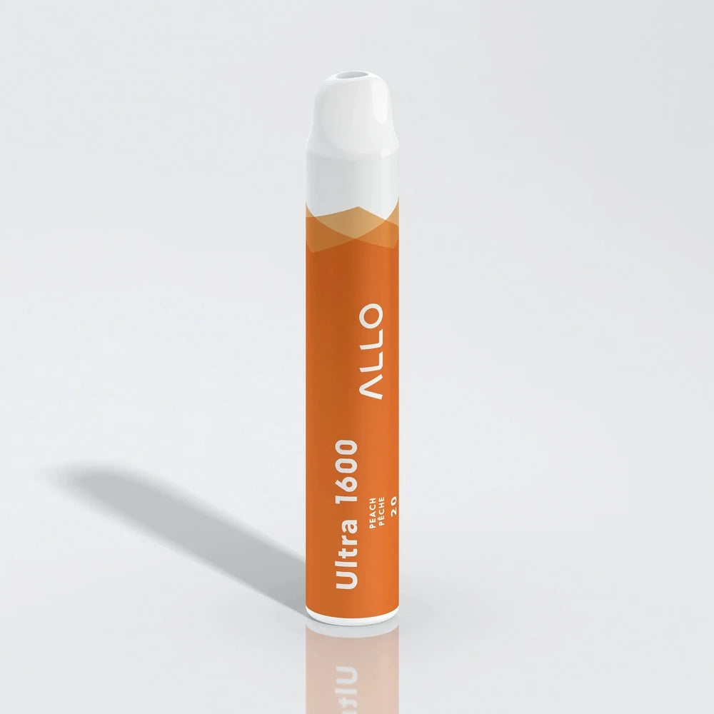 An Allo Ultra 1600 peach disposable vape featuring an orange cylindrical body with a white mouthpiece, labeled with Allo Ultra 1600 Peach Pêche 20 text against a plain white background.