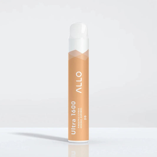 An Allo Ultra 1600 Pineapple Citrus disposable vape featuring a light orange body with white text and a white mouthpiece, standing upright on a reflective white surface.