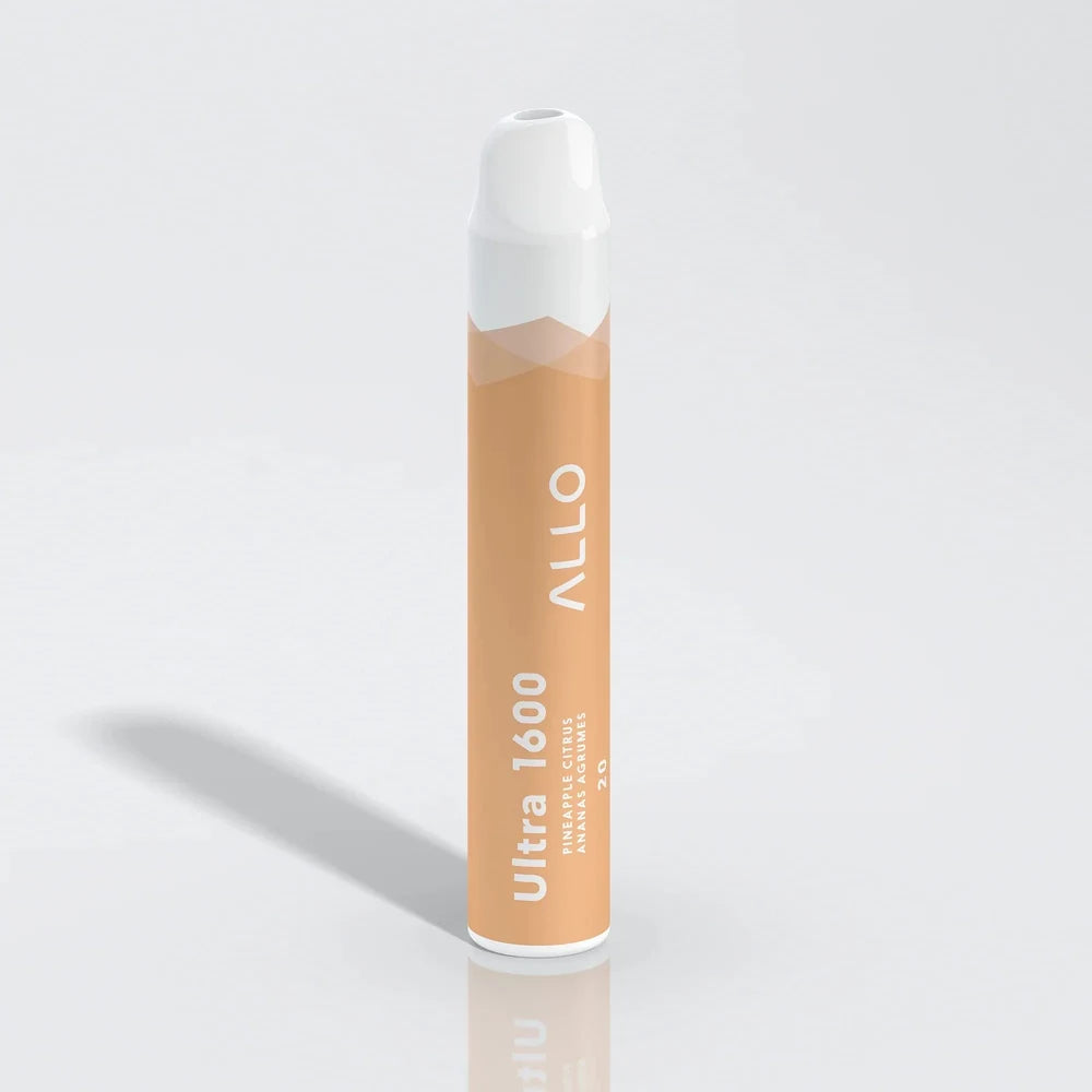 An Allo Ultra 1600 Pineapple Citrus disposable vape featuring a light orange cylindrical body with a white mouthpiece, labeled with the Allo logo and flavor name against a plain white background.