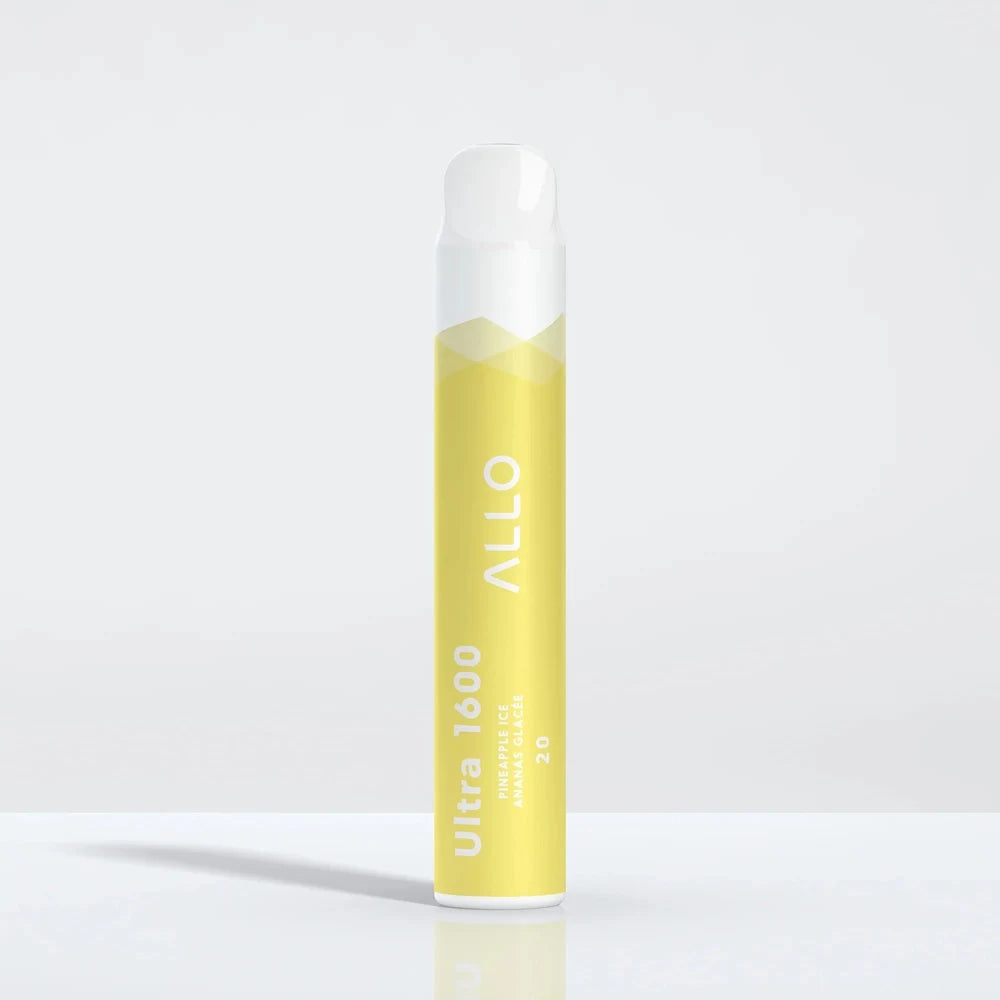 Allo Ultra 1600 Pineapple Ice disposable vape featuring a yellow cylindrical body with a white mouthpiece, labeled with Allo Ultra 1600 and Pineapple Ice text, shown against a plain white background.