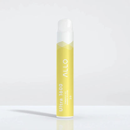 Allo Ultra 1600 Pineapple Ice disposable vape featuring a yellow cylindrical body with a white mouthpiece, labeled with Allo Ultra 1600 and Pineapple Ice text, shown against a plain white background.