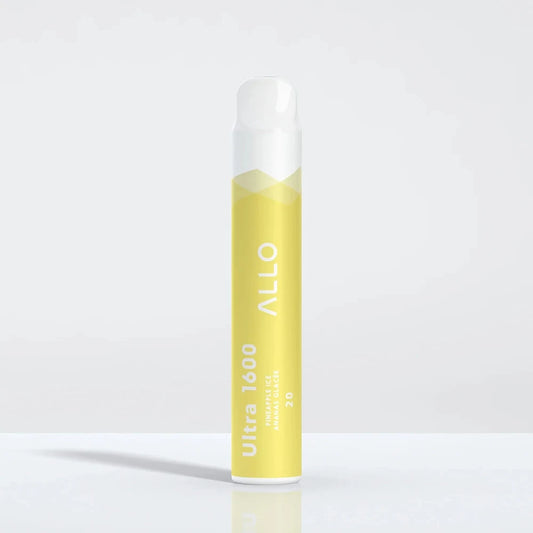 Allo Ultra 1600 Pineapple Ice disposable vape featuring a yellow cylindrical body with a white mouthpiece, labeled with Allo Ultra 1600 and Pineapple Ice text, shown against a plain white background.