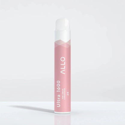 An Allo Ultra 1600 Pink Lemon disposable vape with a pink body and white mouthpiece, featuring the text Allo Ultra 1600 Pink Lemon Citron Rose 20.