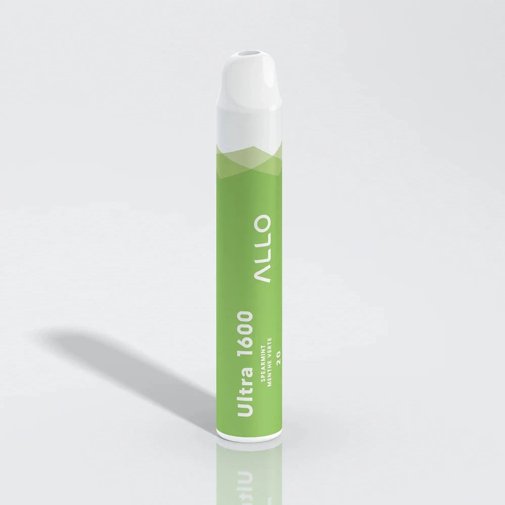 Allo Ultra 1600 Spearmint disposable vape featuring a green cylindrical body with white text and a white mouthpiece, shown against a plain light grey background.