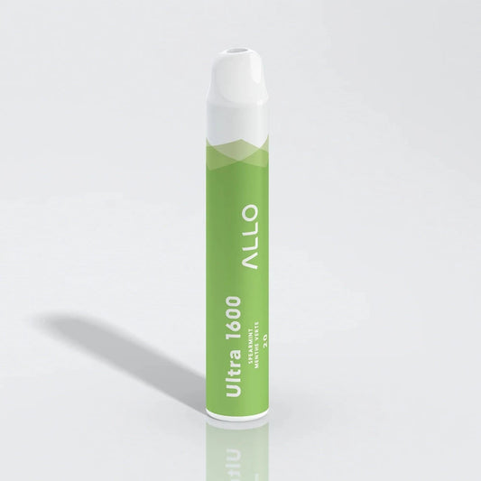 Allo Ultra 1600 Spearmint disposable vape featuring a green cylindrical body with white text and a white mouthpiece, shown against a plain light grey background.