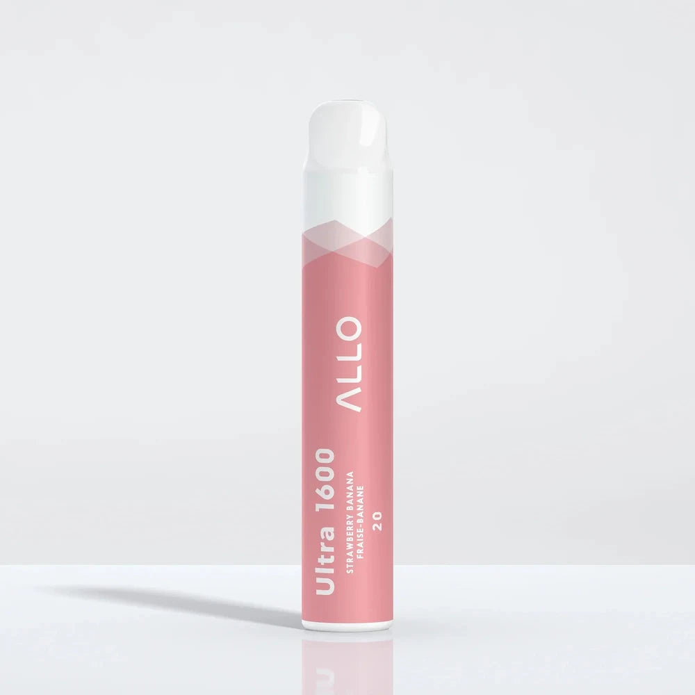 Allo Ultra 1600 Strawberry Banana disposable vape featuring a pink and white cylindrical body with the Allo logo and Ultra 1600 text on a plain white background.