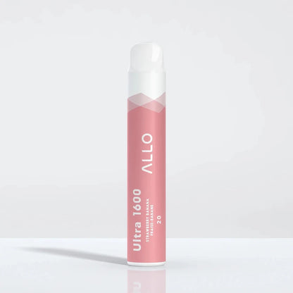 Allo Ultra 1600 Strawberry Banana disposable vape featuring a pink and white cylindrical body with the Allo logo and Ultra 1600 text on a plain white background.