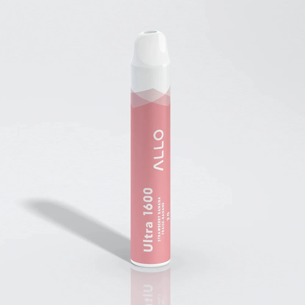 Allo Ultra 1600 Strawberry Banana disposable vape featuring a pink cylindrical body with a white mouthpiece and text reading Allo Ultra 1600 Strawberry Banana Fraise-Banane 20.