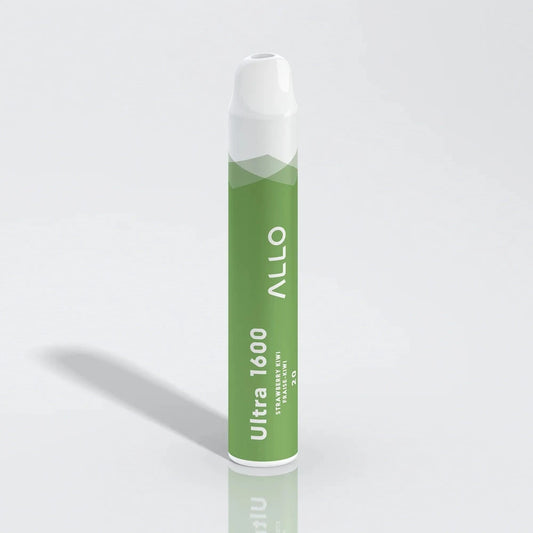 An Allo Ultra 1600 Strawberry Kiwi disposable vape with a green body and white mouthpiece, featuring the text Allo Ultra 1600 Strawberry Kiwi Fraise-Kiwi 20 on a reflective white surface.