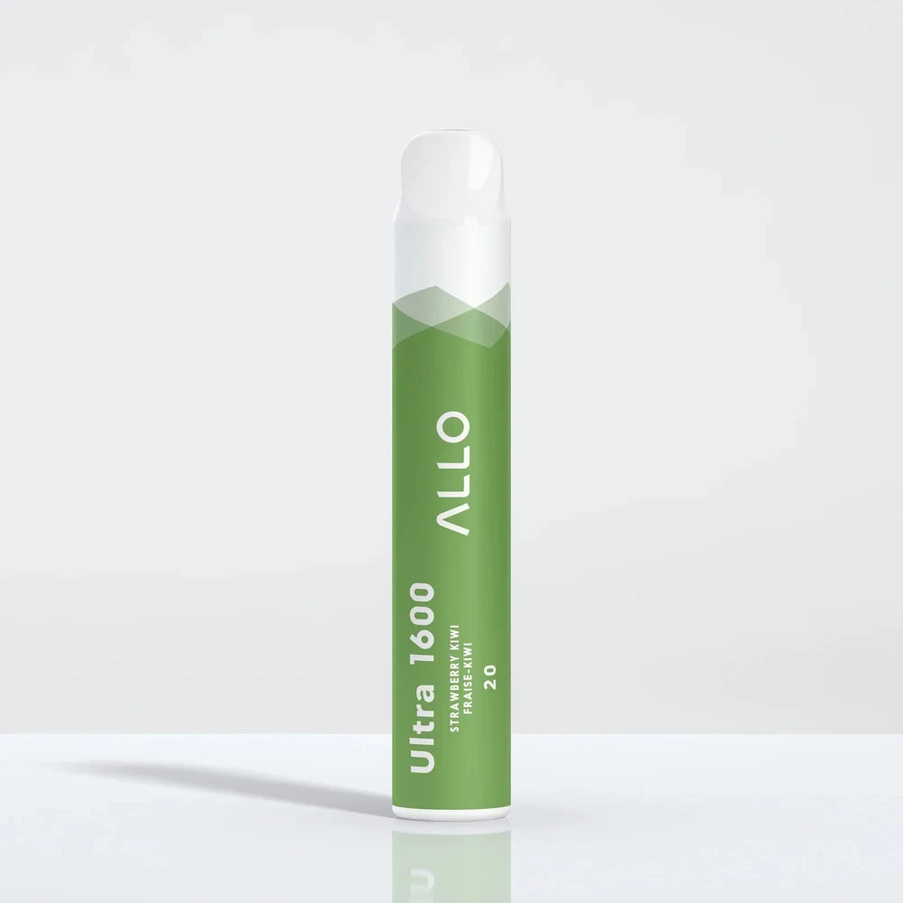 Allo Ultra 1600 Strawberry Kiwi disposable vape featuring a green cylindrical body with a white mouthpiece and text reading Allo Ultra 1600 Strawberry Kiwi Fraise-Kiwi 20.