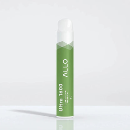 Allo Ultra 1600 Strawberry Kiwi disposable vape featuring a green cylindrical body with a white mouthpiece and text reading Allo Ultra 1600 Strawberry Kiwi Fraise-Kiwi 20.