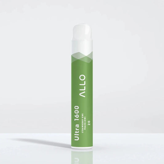 Allo Ultra 1600 Strawberry Kiwi disposable vape featuring a green cylindrical body with a white mouthpiece and text reading Allo Ultra 1600 Strawberry Kiwi Fraise-Kiwi 20.